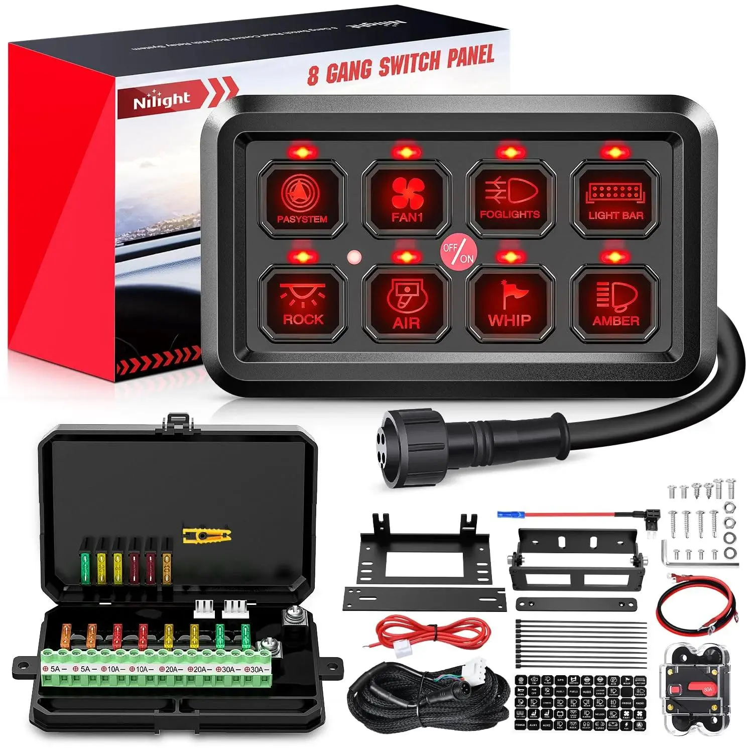 Nilight 8-Gang Multifunction Red Backlighted Rocker Switch Panel System, Compact Cord Switches for Home Improvement Electrical Equipment & Supplies, 8-Gang Switch Panel Cord Switches