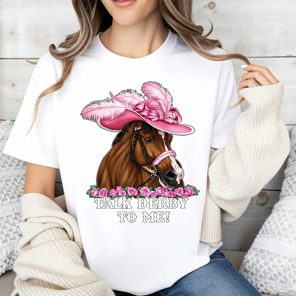 Funny Horse Lover, Women's T-Shirt, Talk Derby To Me Pink Hat Design, Kentucky Derby Season, Gift For Equestrian Fans
