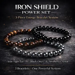 IRON SHIELD Energy 3-Bracelet Set - Iron Tiger Eye, Black Onyx & Terahertz Elastic Stretch Bracelets, Hand-Selected Healing Crystal Beads for Protection & Action, Elastic Stretch Bracelet