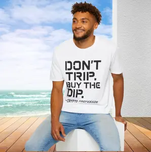 Don’t Trip Buy the Dip Shirt – Black & White Stencil Crypto Tee