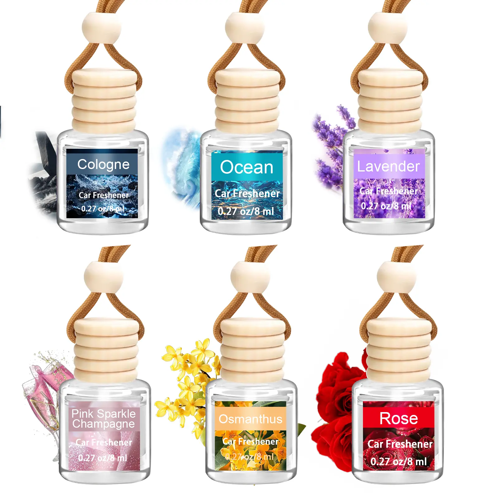 6-Pack Hanging Car Air Freshener Essential Oil Diffuser, Long-Lasting Diffuser Car Fragrance, Cute Glass Bottle Auto Interior Accessory, Gift for Women/Men