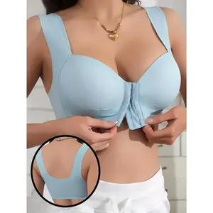 Five Colors Are Available, Suitable for Women'S Solid Color Front-Button Bras for Wearing in Various Environments And Seasons, with Shell Pattern Trim, Integrated Wide Shoulder Straps, Non-Removable Chest Pads, And a Wire-Free Design