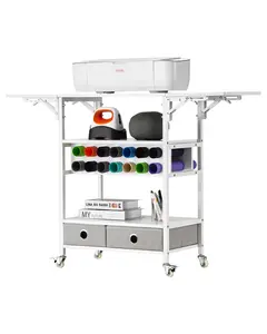 VEVOR Rolling Craft Cart and Storage Table,  Compatible with Cricut Machines, Collapsible Cricut Table with Foldable Sides, Craft Rolling Storage Organizer with 16 Vinyl Roll Holders and 2 Drawers