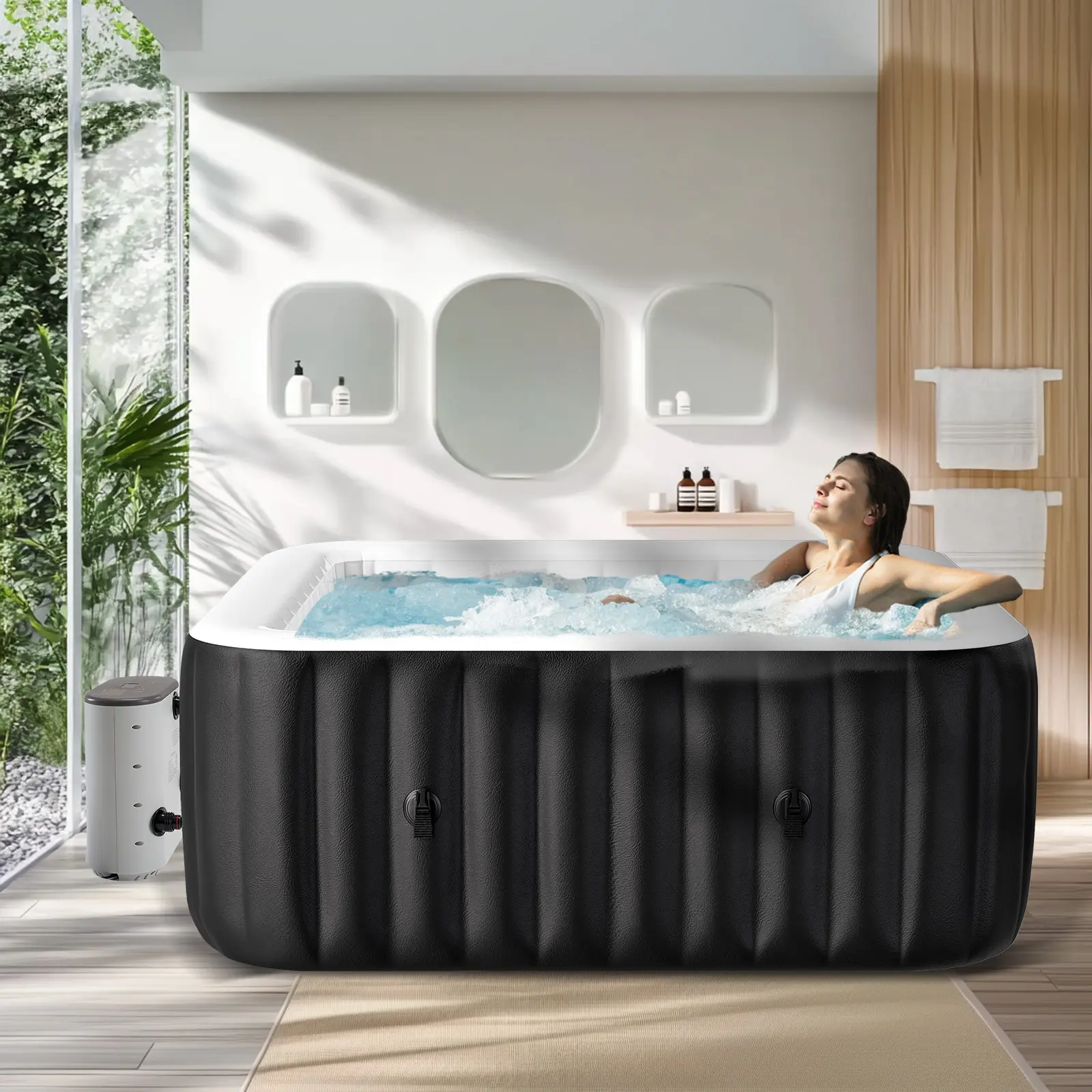 Lilypelle Blow Up Hot Tubs for 4-6 People, 73x73x25in Square Portable Outdoor Spa with 130 Bubble Jets, 1350W Quick Heat Heater Pump, 168H Filter Alert, Complete Kit Including Filter & Spa Cover (Bubble Massage Compatible)