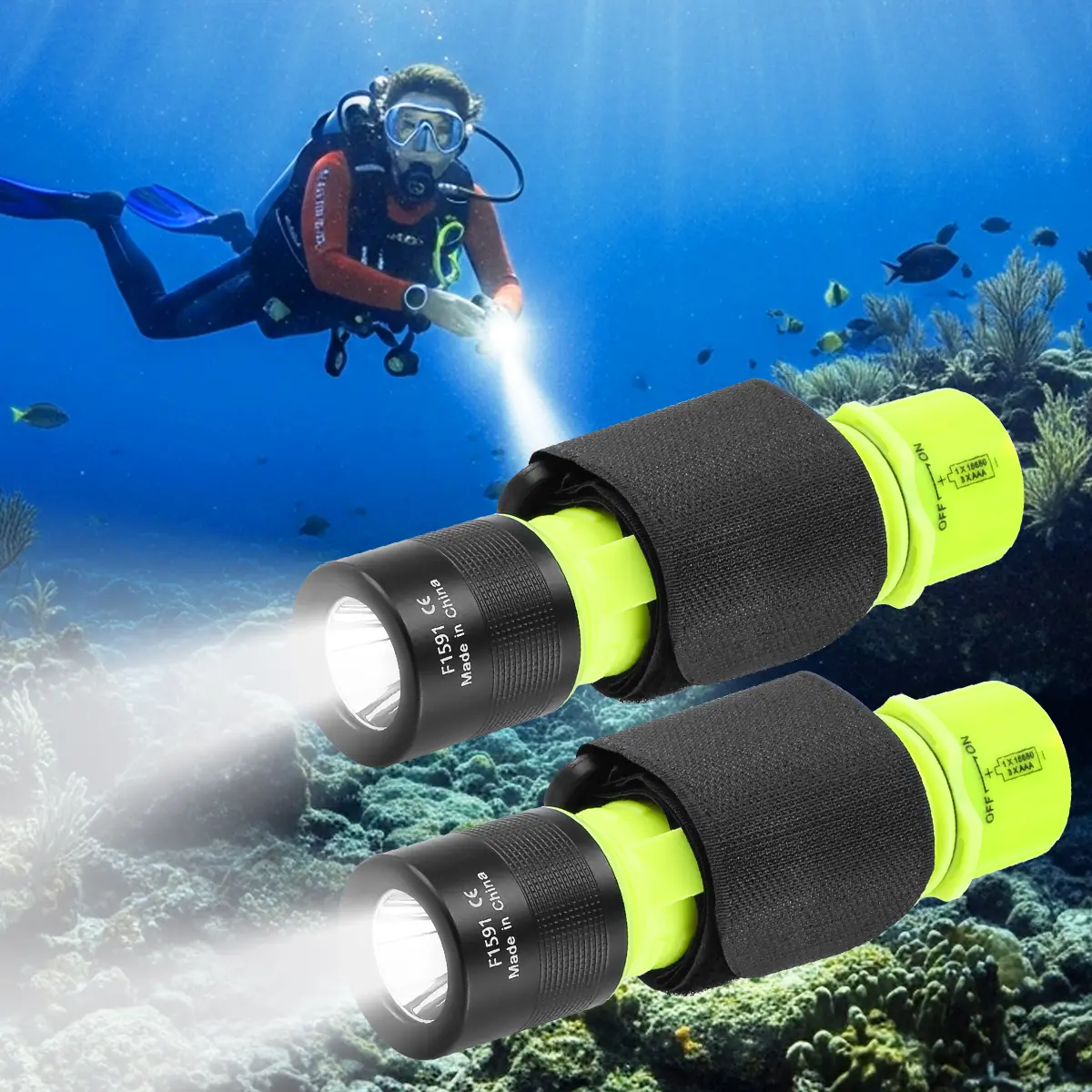 2-Pack Dive Light, Compact Pocket-Size IPX8 Waterproof Flashlight with Handheld Grip, 3 Adjustable Brightness Modes for Scuba Diving, Snorkeling