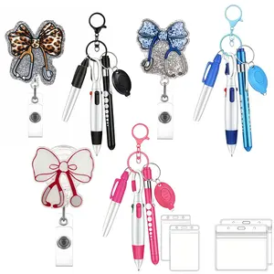 Sparkle Stethoscope Bow Badge Clip Set, Includes Fluorescent Pen & Multicolor Ballpoint Pens, Transparent Card Case, Retractable Keychain Design, Nurse Badge Reel