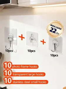 10 Photo Album Hooks + 20PCS Heavy Duty Big and Small Adhesive Hooks - Transparent, No-Residue, Waterproof Wall Hangers, Max Load 40kg for Bathroom, Kitchen, Tile & Glass Surfaces - Removable Strong Sticky Hooks,Tile Hooks