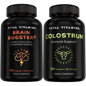 Brain Booster + Grass-Fed Colostrum Bundle | Memory, Focus & Immune Support | Lion’s Mane, B Vitamins & IgG | 60 Capsules Each