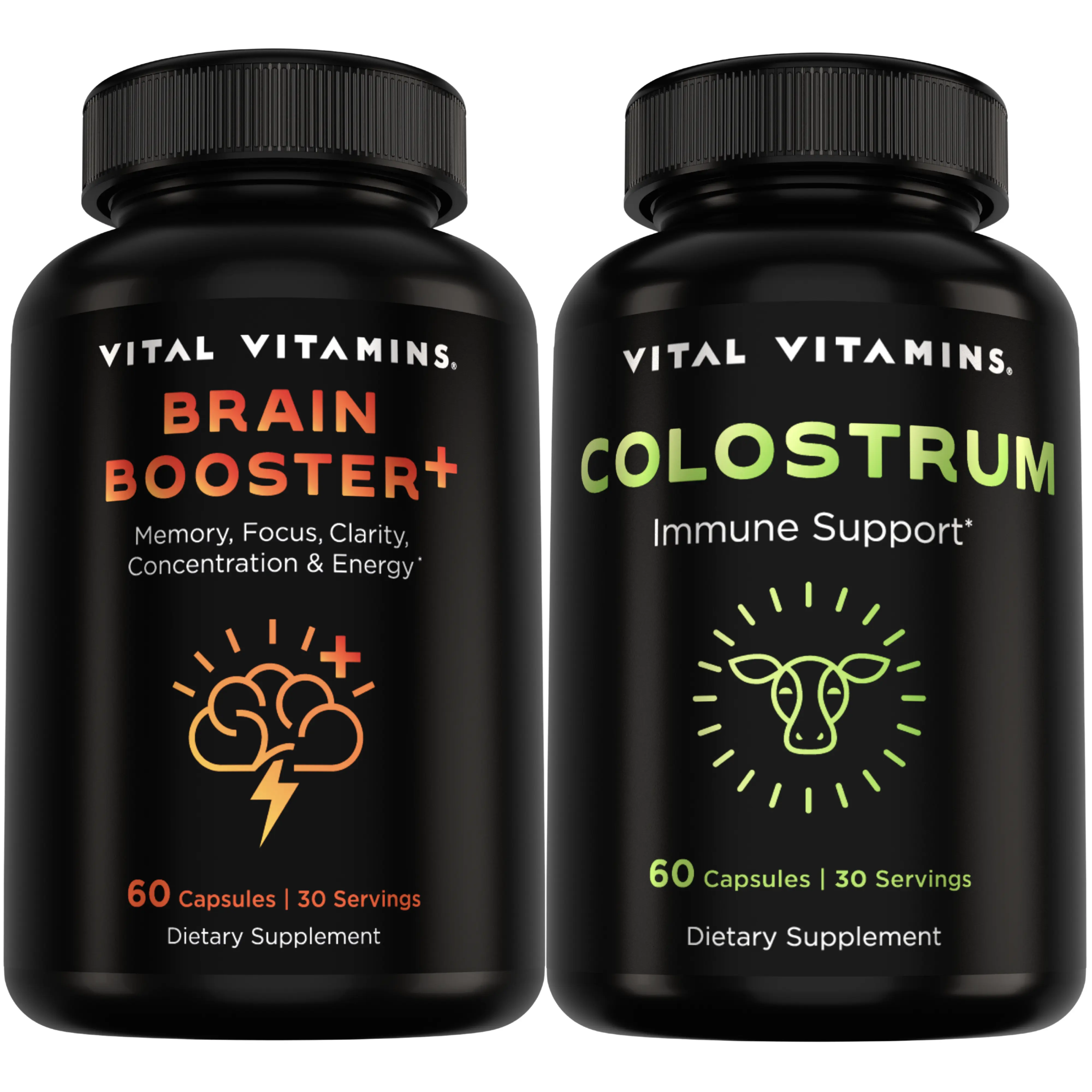 Brain Booster + Grass-Fed Colostrum Bundle | Memory, Focus & Immune Support | Lion’s Mane, B Vitamins & IgG | 60 Capsules Each