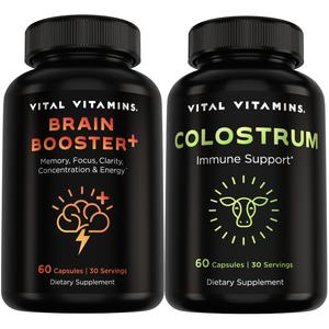 Brain Booster + Grass-Fed Colostrum Bundle | Memory, Focus & Immune Support | Lion’s Mane, B Vitamins & IgG | 60 Capsules Each