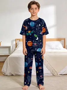 Interstellar Planet Cartoon, Pajama Pattern 2-Piece Set: Boys' Digital Printed Short-Sleeve Pajamas with Long Pajama Pants, made of flame-retardant fabric, a comfortable pajama set, suitable for sleeping and home leisure, 100% polyester