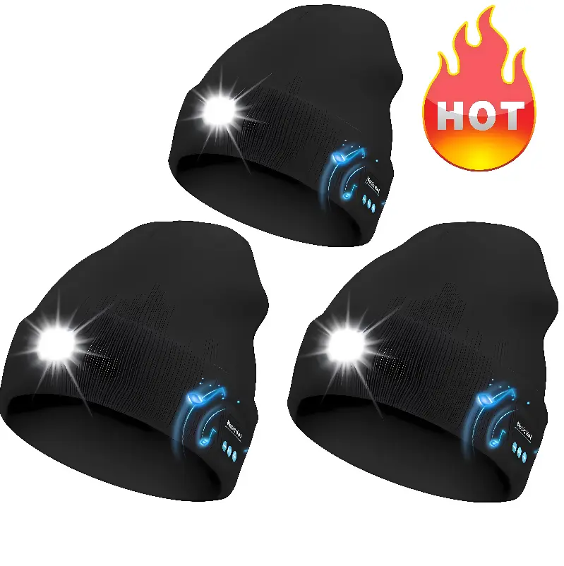 3-in-1 Stretchy Acrylic Knit Bluetooth Light-Up Beanie - LED Lighting, 30ft Ahead Light, Built-in Speaker, Microphone, USB Rechargeable Warm Winter Hat, 1 Size Fits Most, Festive Party Gift for Boyfriend (Birthday, Christmas)
