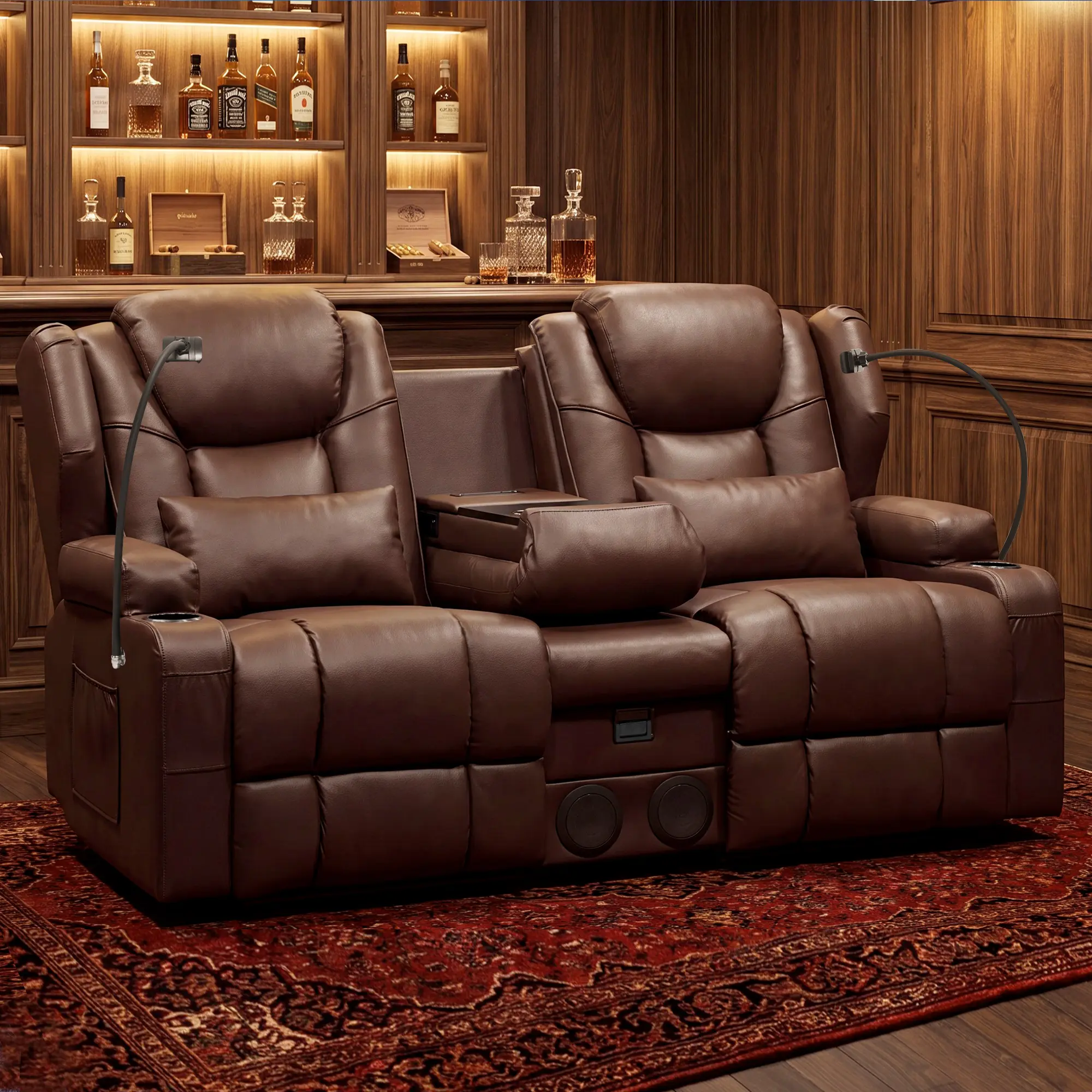 Brown PU Leather Manual Wall-Hugger 2-Seat Loveseat Recliner with Fixed Arms, Massage+Heat, Bluetooth Speakers, Cup Holders - Contemporary Home Decor for Indoor Living Room, RV Furniture
