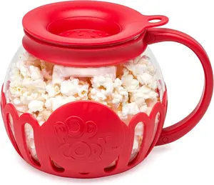 Ecolution Patented Micro-Pop Microwave Popcorn Popper with Temperature Safe Glass, 3-in-1 Lid Measures Kernels and Melts Butter, Made Without BPA, Dishwasher Safe, 1.5-Quart, Red Bowl Borosilicate