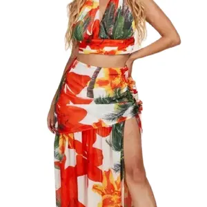 Vacation Island Girl Two-Piece Skirt Top Set with Tropical Floral Print and Red Belt Detailing