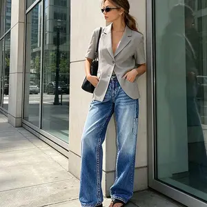 Retro Utility Pocket Straight Leg Denim Trousers, Casual Loose Fit Baggy Jeans for Women,