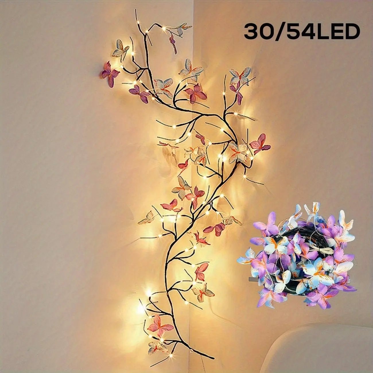 LED branch butterfly string lights, Branch Butterfly Design, InS-style decorative lights, smart flashing, 8 modes, button switch, for home, bedroom, corridor, outdoor, Christmas, decoration, warm light