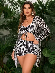 Women's Plus Size 3-Piece Polyester Stretch Swimwear Bikini Set - Ruched Adjustable-Tie Top, High-Waisted Shorts, Geometric Print Cover Up, Plus Sized Bathing Suits