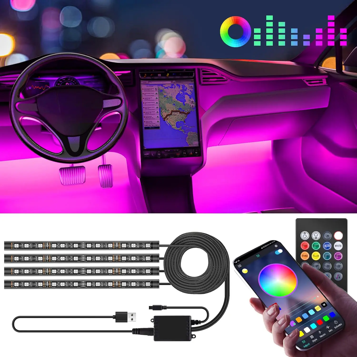 4PCS 48 LED Interior Lights DC 12V Multicolor Music Car Strip Light Under Dash Lighting Kit with Sound Active Function and Wireless Remote Control