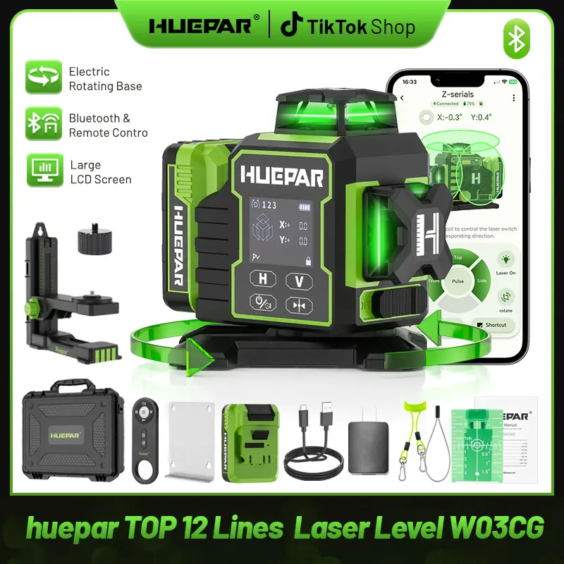 Huepar 2026 New Construction Laser Level 3x360 Self Leveling, 3D 12 Lines Bluetoothed Laser Level with Electric Rotating Base ＆ Large LCD Screen, 3 Planes Green Cross Lazer Leveler Tool W03CG