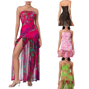 Women’s Tube Top Dress Strapless Backless Mesh Patchwork Tropical Leopard Print High Slit Long Dress for Street Vocation Woenwear，S/M/L/XL/XXL Size