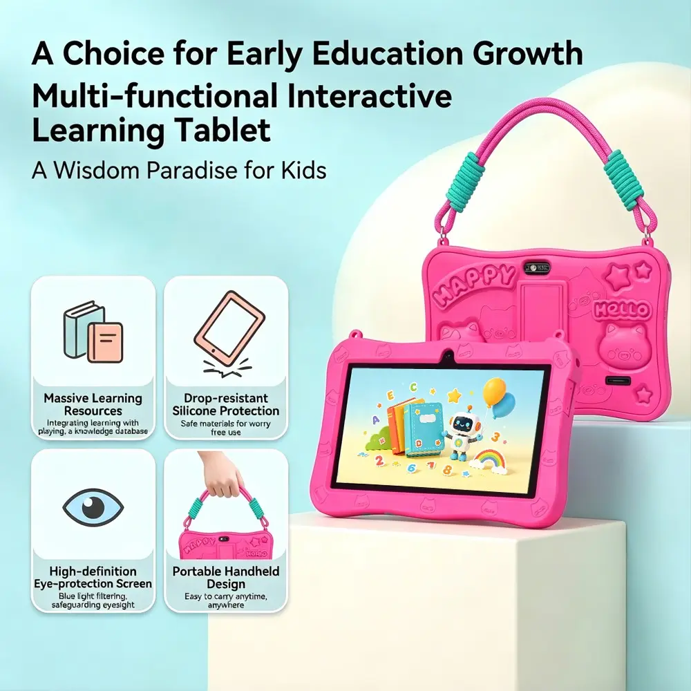 New 7-inch children's tablet, Kid Tablet, Touchscreen tablet, Android 13 4GB RAM 64GB ROM shock-absorbing silicone protective cover with hanging rope, parents control educational software, Toddler Tablets, Portable Tablet