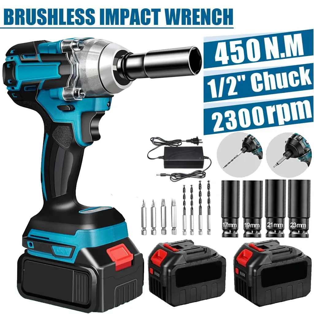 21V Cordless Impact Wrench/Drill Set, Brushless 400N.m Power Impact Gun/Drill, 3.0Ah Batteries, 6 Sockets, Tool Box, Charger, Full Accessory, for Car And Home