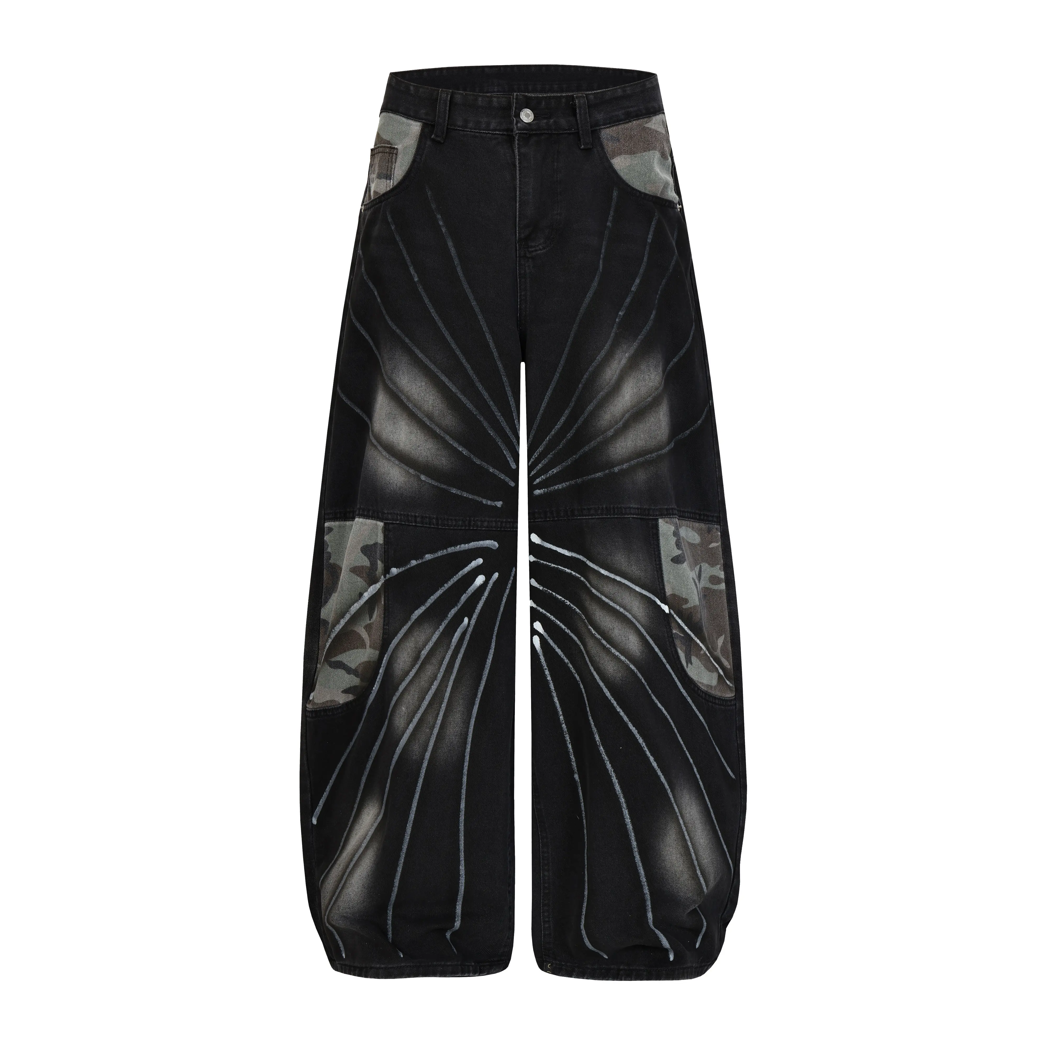 inflation Men's Retro Spiderweb Camo Baggy Denim Jeans, Relaxed Fit Hipster Streetwear for Casual Outings, Camouflage