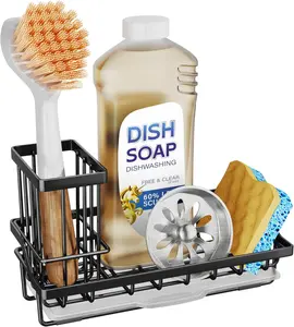 Black Stainless Steel Rectangle Sink Caddy - Hollow Kitchen Sink Organizer Rack with Adjustable High Brush Holder, Silicone Countertop Storage for Dish Soaps and Sponges