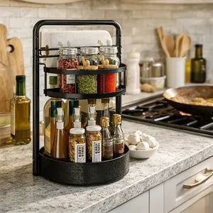 Rotating Kitchen Organizer with Paper Towel Holder, 2 Tier Height Adjustable Spice Rack, 360 Degree Lazy Susan Metal Turntable for Countertop, Pantry, Cabinet, Dining Table, Bathroom Vanity, Office Desk and Small Apartment Storage