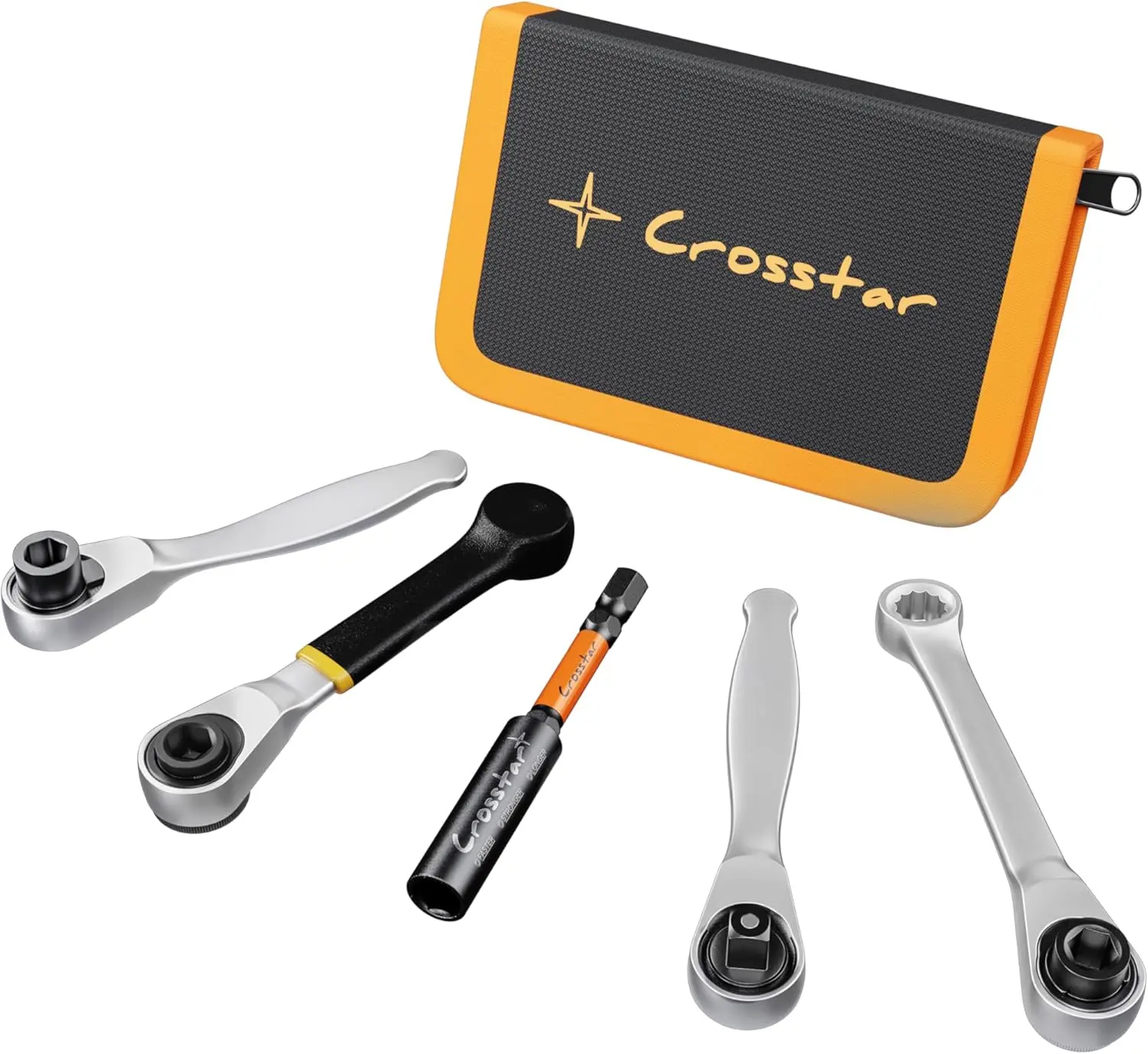 Crosstar 5-Piece Multifunctional Alloy Steel Ratchet Socket Wrench Set - Ratchet Spanner Set, 1/4" Drive with Rubber Grip, Magnetic Bit Holder, 72-Tooth Reversible Hollow Head, Compact for Tight Spaces, Storage Pouch, Car Maintenance & Automotive Work