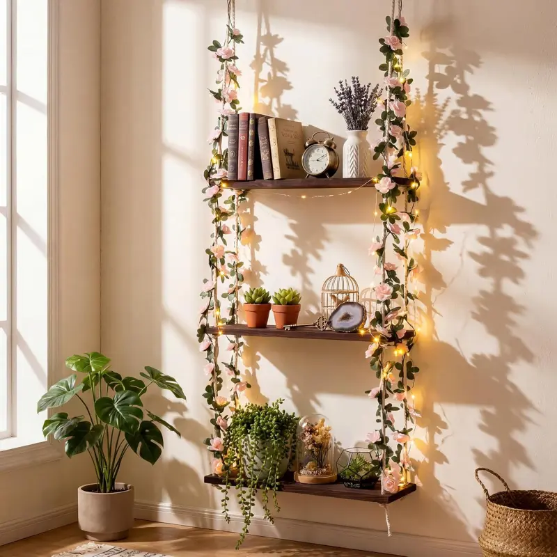 3-Tier Pre-Assembled Wall Hanging Rope Shelf Set - 15.8"x52" Handmade Cotton Rope Wooden Floating Shelves with Artificial Ivy, Boho Farmhouse Floral Room Accessories for Flower Display, Ideal Gift