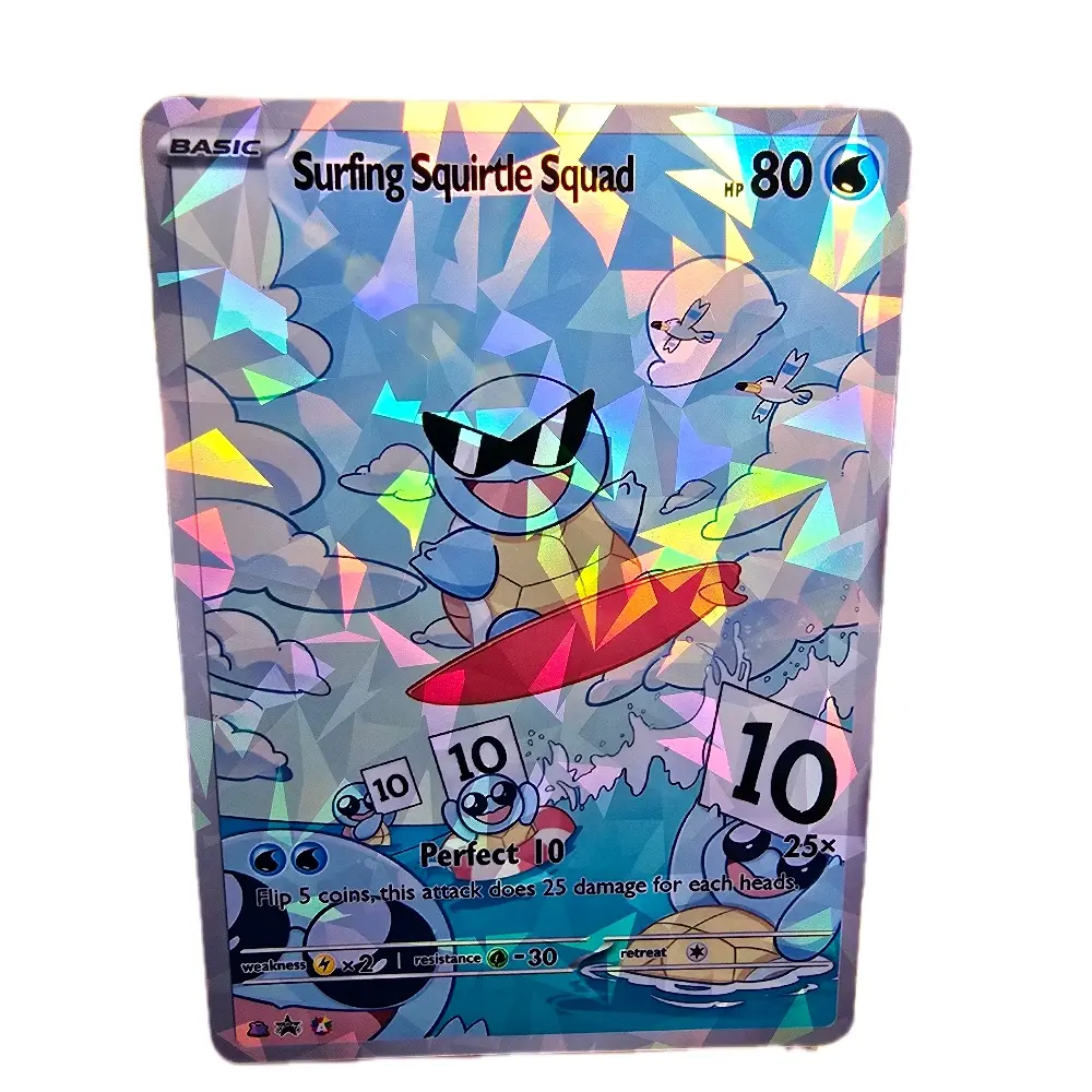 Surfing Squirtle Squad Perfect 10! Fan-Art Holo! Fractal Glass OR Bubble Holo Finish, Standard Size, Standard English Back