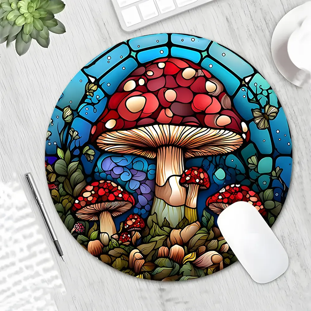 Mushroom Colored Glass Design Round Gaming Mouse Pad, Gaming Mousepad, Aesthetic Desktop Decorative Protective Pad, Rubber Anti-slip Lockedge Work Pad, Small Size Suitable for Laptop, Desktop Computer Games, Work, Family