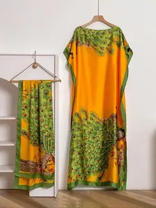 Womens Peacock Print Cape Shawl & Scarf Set, Elegant Beach Cover-Up For Holiday Vacation, Swimsuit Cover Up