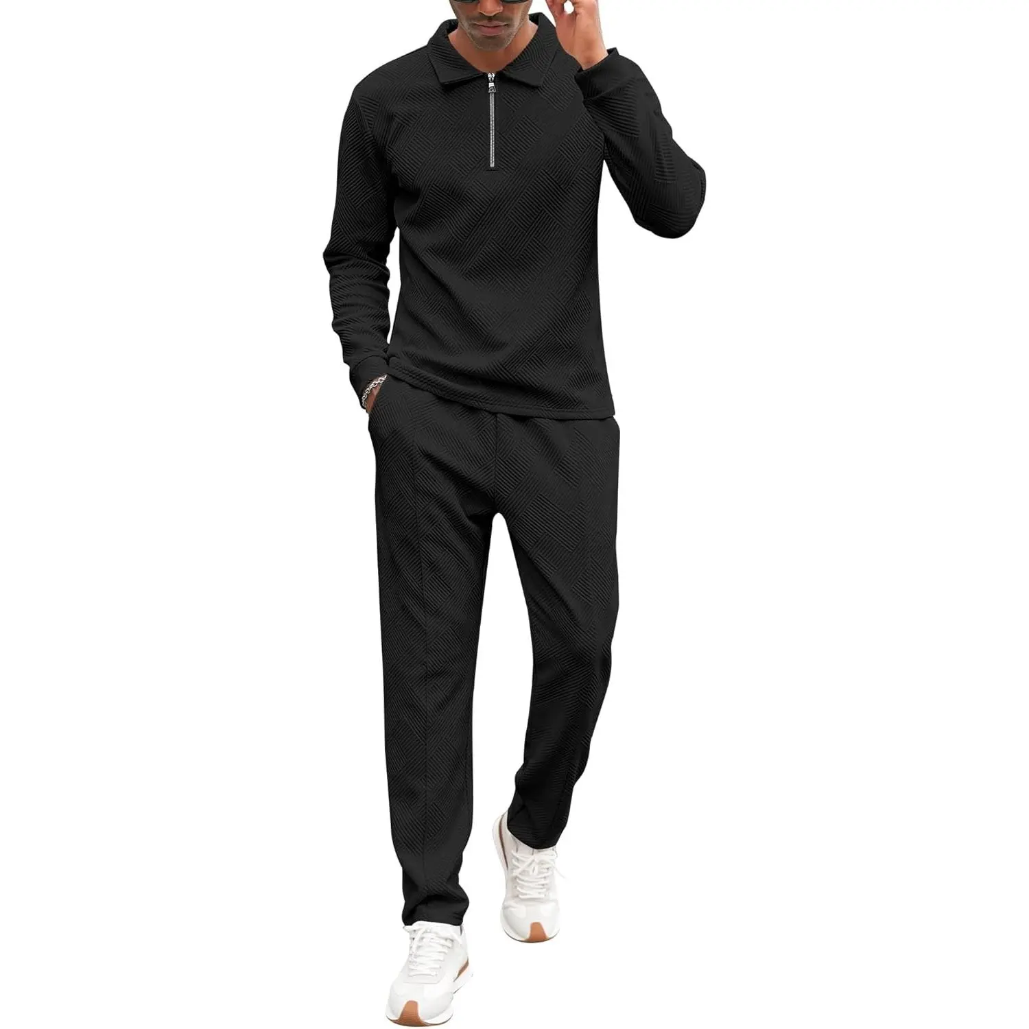 Babioboa Men's 2-Piece 1/4 Metal Zipper Polo Sweatsuit Set, Navy Blue, Long-Sleeve Fashion Casual Tracksuits for Coffee Runs, Traveling T-Shirts-Inspired Loungewear