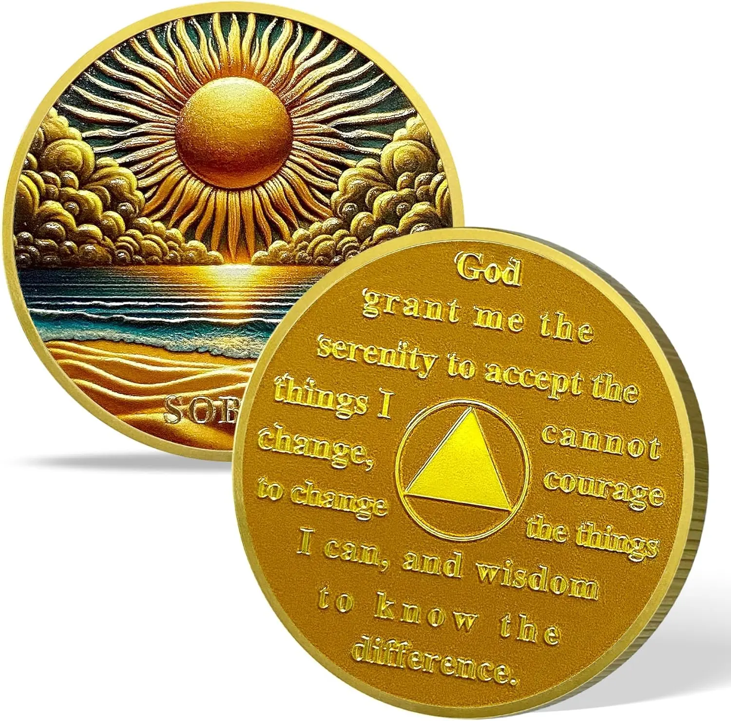 Golden Coast Sobriety Coin Collectible - 3D Textured AA Medallion with Sunrise, Serenity Prayer, Coin Capsule, High-End Craftsmanship, Inspirational Message for AA Community, Compact Portable Symbol of Commitment to Sobriety (Month/Year) Recovery Gift