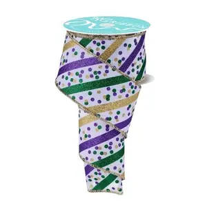 2.5" x 10yd Glitter Stripe Ribbon with Confetti Dots – White/Mardi Gras