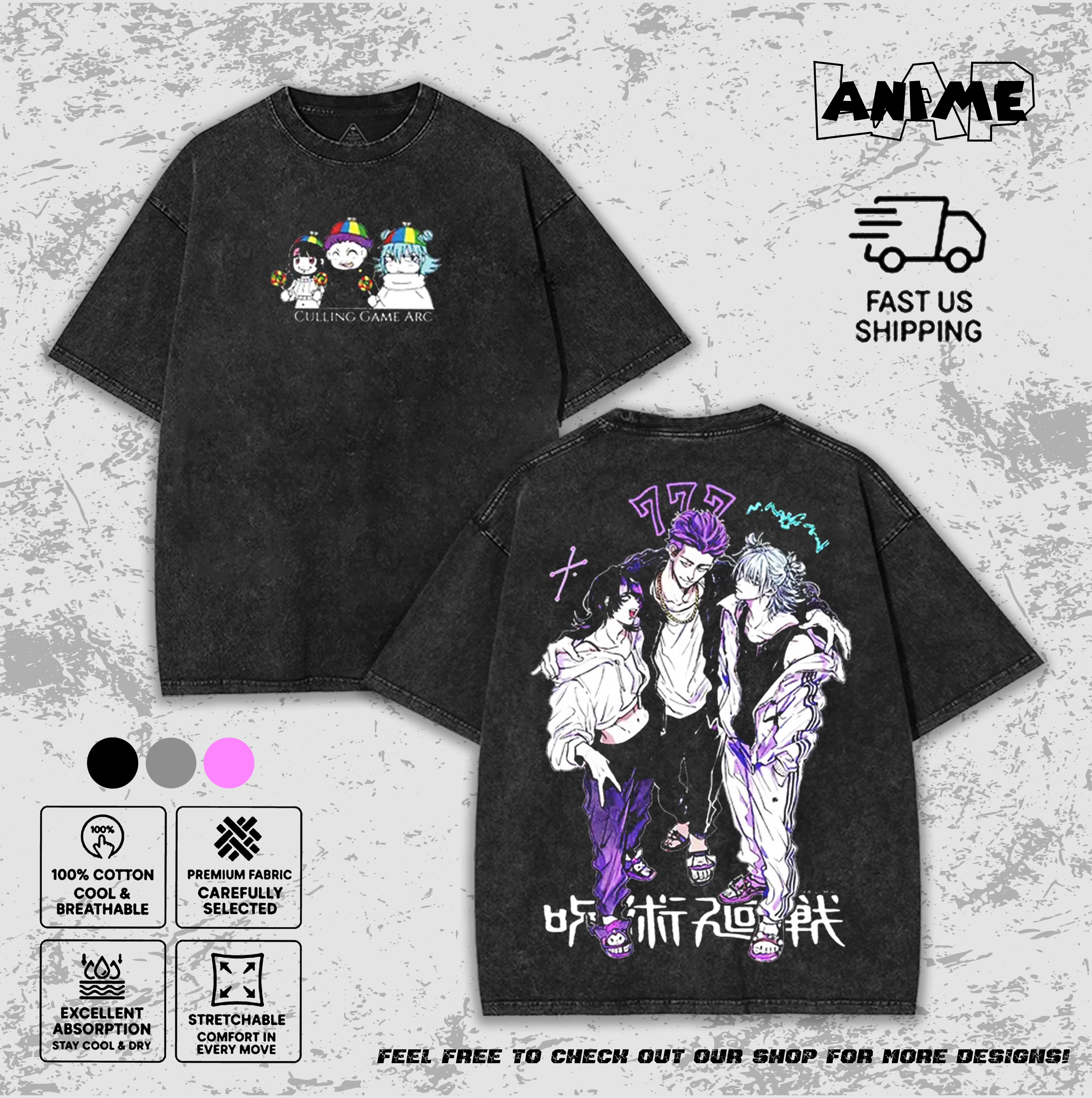 Jujutsu Kaisen Hakari Kinji Kashimo Hajime Kirara Culling Game Arc Vintage Washed Tee Unisex Anime Streetwear Graphic T-Shirt