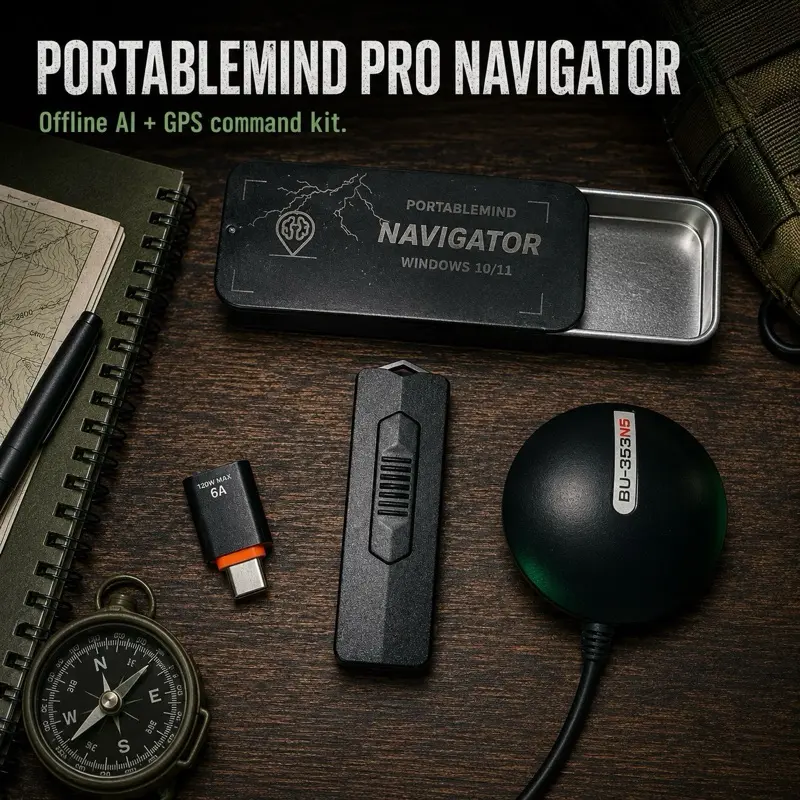 PortableMind PRO Navigator Offline AI + GPS Command Kit 128GB for Windows 10/11 with USB GPS Puck & USB-C Adapter