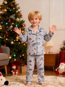 Boys' 2-Piece Pajama Set, Full-Print Car Design, Soft Long-Sleeve Button-Front Shirt & Pants, Cute Fitted Sleepwear for Spring & Fall, Cartoon Print Pajamas, Cartoon Pattern Pajamas