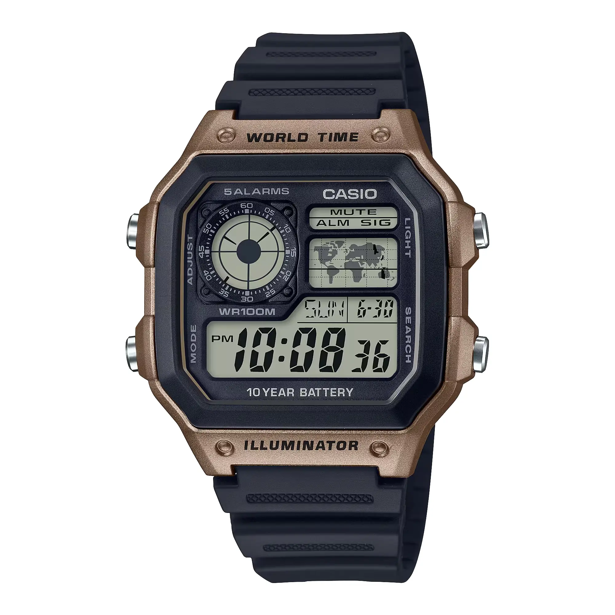 Casio Men’s Black and Brown World Time Digital Resin Watch - AE-1200WH-5AVCF