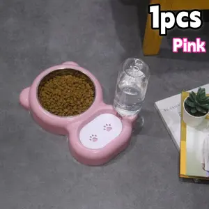 1pcs Double Bowl Automatic Feeding and Drinking Fountain, Comes with Water Dispenser and Stainless Steel Bowl, Suitable for Cats and Small Dogs Non-Slip Base, Easy to Clean ﻿