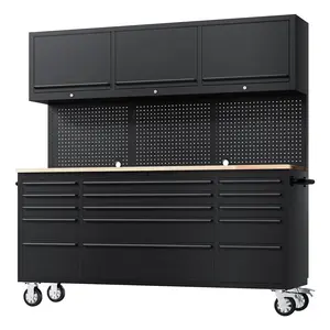 Garvee Upgraded 72-Inch Rolling Tool Chest, Heavy-Duty Steel Structure, 15 Drawers, 3 Top Cabinets, Pegboard, Key Lock, Anti-Slip Liners, Mobile Storage Workbench, for Garage, Workshop