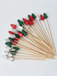 30pcs Colorful Christmas Tree Fruit Bamboo Sticks Fork Decoration Sticks, Beverage Decoration Sticks