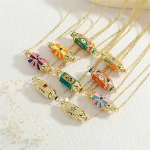 Mystic Evil Eye Hexagon Necklace • Vintage Copper with Zircon & Colorful Enamel