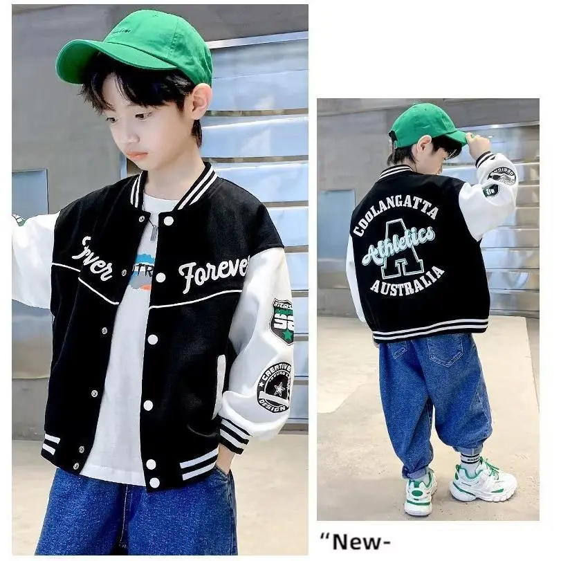 Boys' Cotton Graphic Letterman Baseball Jacket - 5-6y/120cm,11-12y/150cm,13-14y/160cm, Sporty Casual Crew Neck Button-Up Outerwear with Alphabets Print for Spring & Fall, Regular Fit Long Sleeve Tops