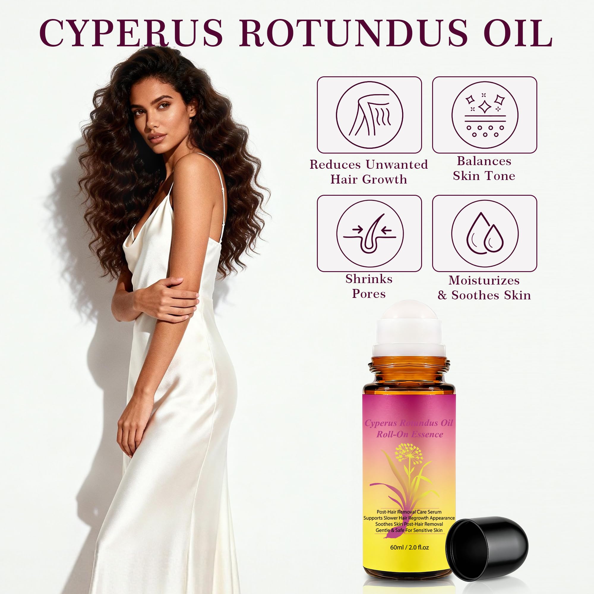 Cyperus Rotundus Oil Hair Removal Roll-On Essence, Natural Cyprus Cypress Rotundus Oil for Hair Removal, Reduces Unwanted Hair Growth, Soothes Skin & Minimizes Pores for All Skin Types