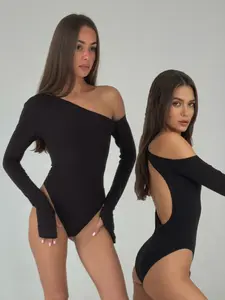 Women Solid Color Off-shoulder Long Sleeve Bodysuit, Slim-fit Large Backless Cut Out Bodycon Tops, Stretchy Soft Fabric, Elegance, Ideal for Evening Party & Date Night Fashion Outfit