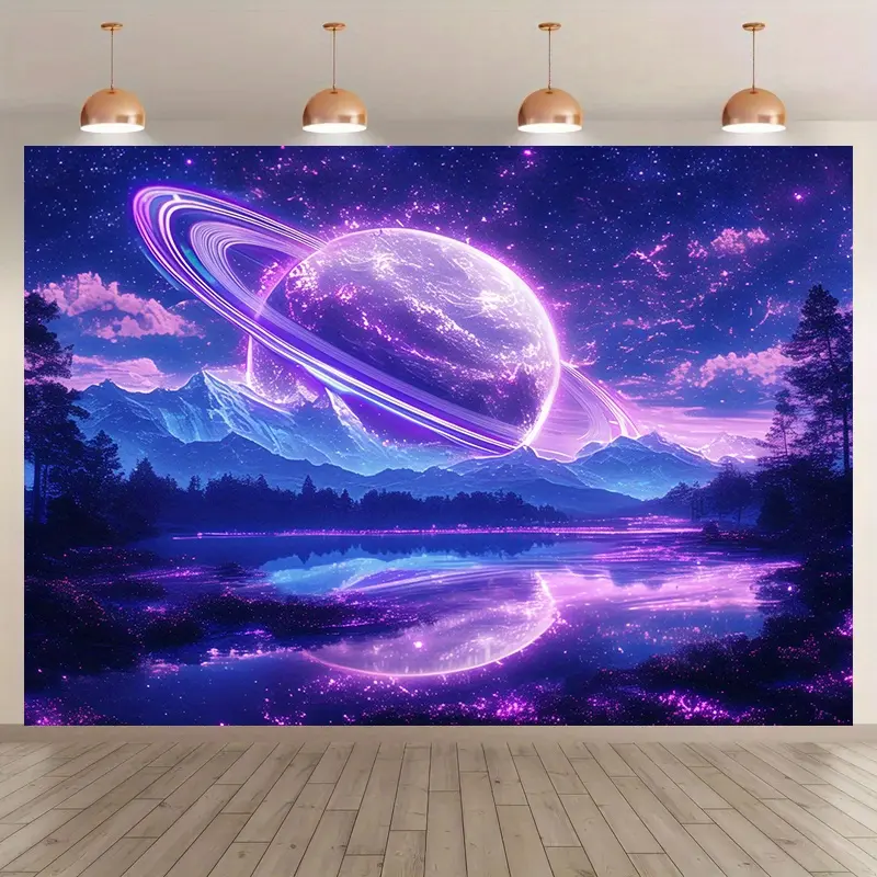 1pc Synthetic Polyester Galaxy Space Backdrop Tapestry - UV Reactive Blacklight Effect, Glow in the Dark Planet Mountain Lake Print, Neon Aesthetic Home Supplies, Indoor Decor, Multi-Size Party Decorations, No Electricity Required
